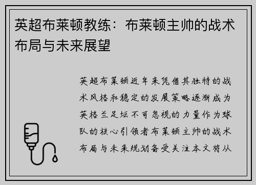 英超布莱顿教练：布莱顿主帅的战术布局与未来展望