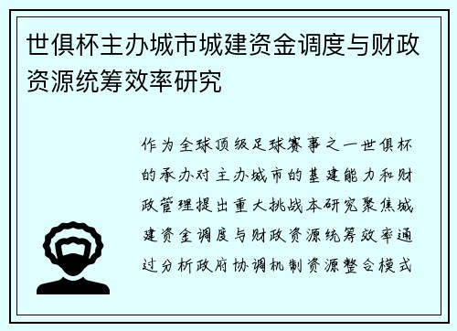 世俱杯主办城市城建资金调度与财政资源统筹效率研究