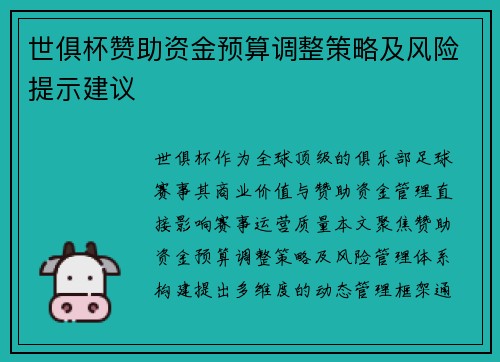 世俱杯赞助资金预算调整策略及风险提示建议